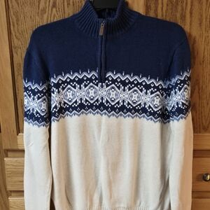 St. John's Bay Mens Large Navy Blue Cream Nordic Fairisle Knit Sweater 1/4 Zip
